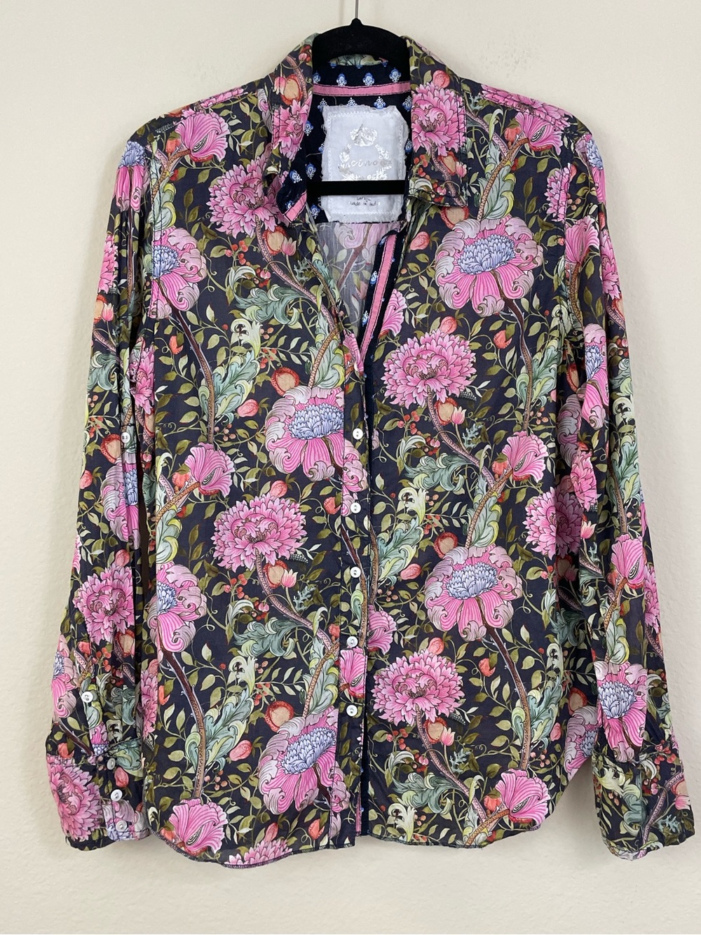 Cino Floral Roll Tab Sleeves Button-Up Shirt with Pink Blooms Size Large